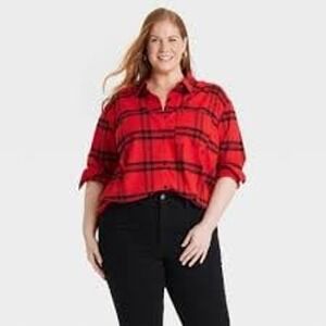 NEW Ava & Viv Plus Size Red & Black Plaid Flannel Button Down Shirt, Size 3X‎
